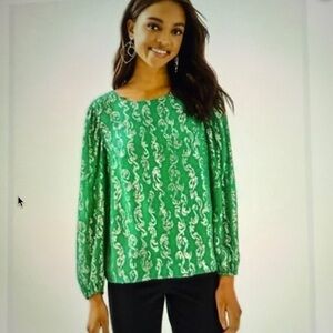 Lilly Pulitzer Miriam Silk Blouse Salty Waves emerald green gold metallic